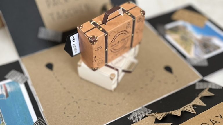 Ergebnis der fertigen Explosionsbox geöffnet mit Koffer.